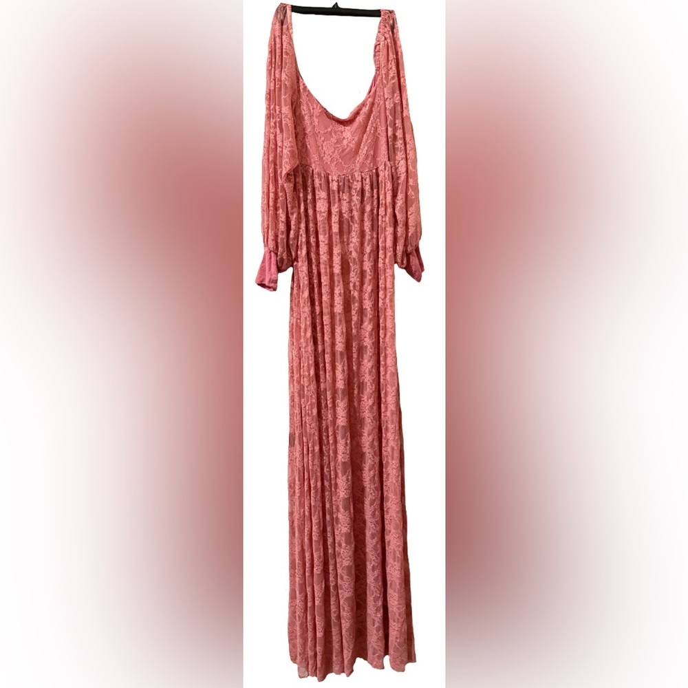 Pink Lace Floral Maxi Dress Women’s Size Large Flowy Ruffle 3/4 Sleeve Dress